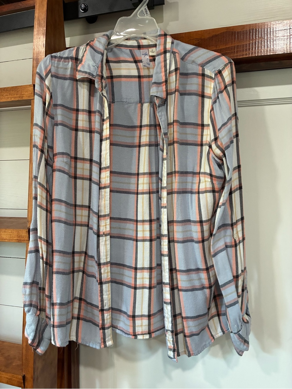 Alya Light Blue & Cream Plaid Button-Down Shirt with Orange Accents